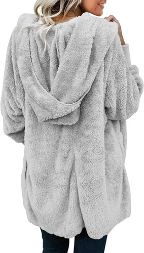 Vista 2 de Dokotoo - Chaqueta de manga larga y de vellón para mujer, cárdigan para el invierno, mullida, color liso, frente abierto, con capucha