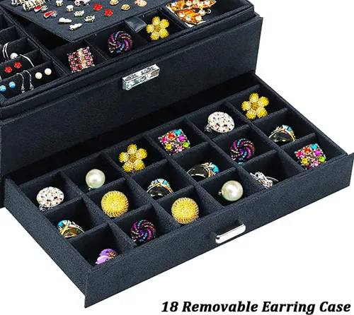 Vista 6 de Joyeros para mujer, organizador de joyas de terciopelo negro con cerradura, organizadores de joyas para adolescentes, organizador de joyas