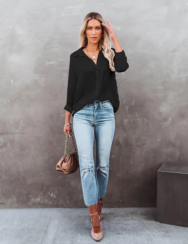 Vista 3 de Camisas con botones para mujer de manga larga estilo casual cuello en V sueltas lisas para oficina