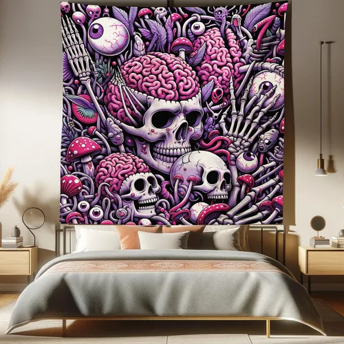 Vista 26 de Ambesonne Tapiz de hongos, atmósfera psicodélica, escena astral estrellada con motivos orientales trippy, decoración de tela para colgar en la pared