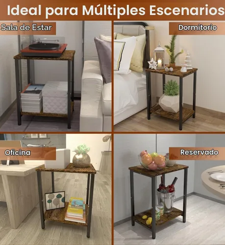 Vista 7 de Mesa auxiliar de 2 niveles, mesa auxiliar resistente con estantes, mesa de noche estrecha para espacios pequeños, mesa de tocadiscos para Negro