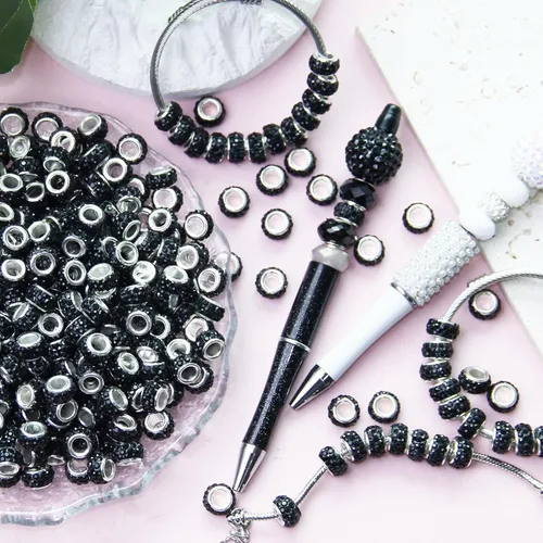 Vista 7 de 60 Piezas Cuentas Espaciadoras de Diamantes de Imitación con Agujero Grande Cuentas Espaciadoras Negras Europeas para Manualidades Cuentas Grandes