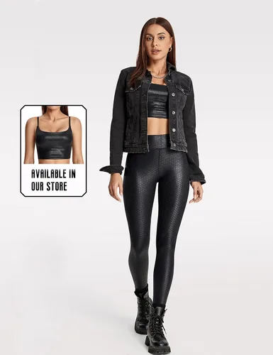 Vista 2 de LIEBERGO Leggings de piel sintética para mujer, diseño de sirena, brillante, para entrenamiento, cintura alta, control de abdomen, pantalones