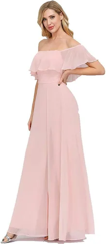Vista 2 de Vestido largo de fiesta con hombros descubiertos y volantes para mujer