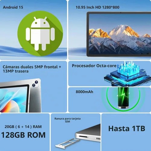 Vista 2 de NOBKLE - Tableta Android 15 de 11 pulgadas con ranura 4G LTE SIM, 20 GB de RAM, 8 GB de almacenamiento, procesador Octa-Core, pantalla IPS HD