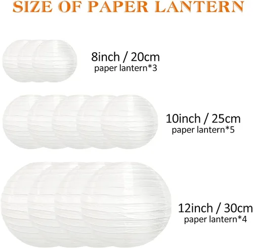 Vista 2 de DazzLiteer 12 linternas de papel blanco con luz LED, decoraciones redondas colgantes de papel para cumpleaños, bodas, fiestas, decoración del hogar