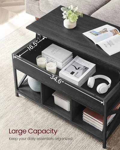 Vista 6 de VASAGLE Mesa de Centro con Tapa Elevable, Mesa de Café Elevable con Estante de Almacenamiento, Compartimentos Ocultos y Tapa Elevable, para Sala