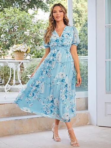 Vista 2 de Amegoya - Vestido largo casual de manga corta con cuello en V para mujer, diseño floral, estilo bohemio, para la playa, sesión de fotos, con volantes