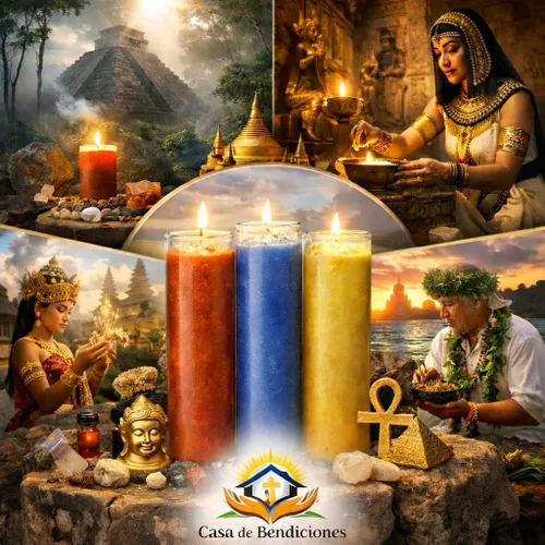 Vista 4 de SAN Benito Veladora Preparada con Cuarzos-Saint Benedict Vela Fija con Cuarzo, Azul, Casa de Bendiciones - Casa de Bendiciones