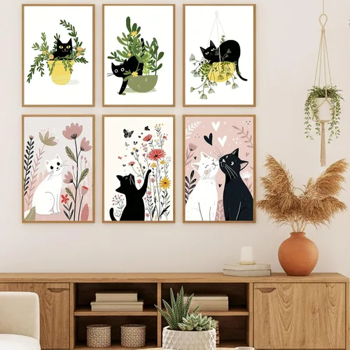 Vista 3 de Jethami Paquete de 6 pinturas por números para adultos principiantes, fácil de pintar con gato negro, kit de arte de lienzo para decoración de pared