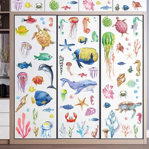 Vista 3 de 8 hojas de calcomanías de pared de animales bajo el mar, calcomanías de pared con temática de vida marina, calcomanías de pared de delfín Bonito