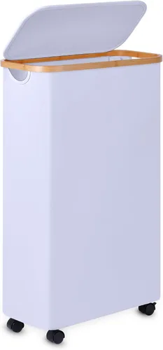Vista 14 de Cesta de lavandería delgada, cesta estrecha con tapa, cesta de 60 litros para lavandería, cesta de tela sucia con mango de bambú para juguetes, Beige