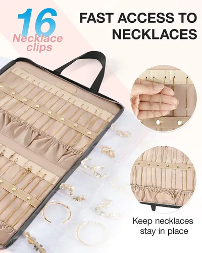 Vista 3 de BAGSMART Estuche organizador de joyas de viaje, bolsa portátil para joyas, sin enredos, almacenamiento de collares, bolsillos transparentes