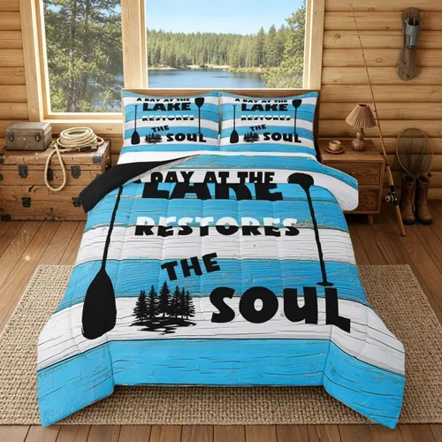 Vista 28 de Juego de edredón de casa del lago, tamaño individual, juego de ropa de cama con ancla náutica para niños, adolescentes y adultos, edredón retro