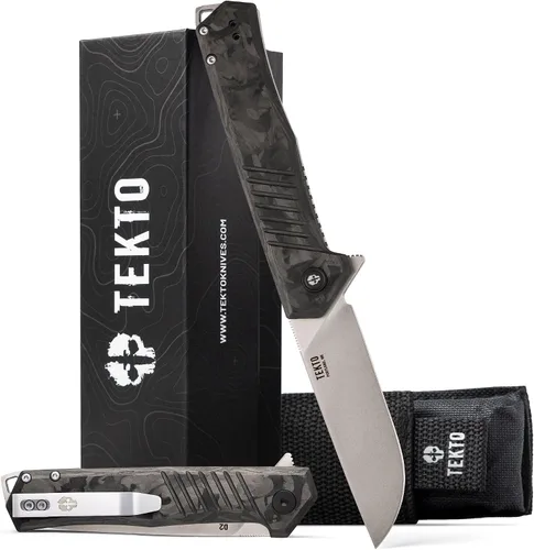 Vista 10 de TEKTO F1 Alpha - Cuchillo de bolsillo plegable, hoja trasera recta modificada, acero D2 recubierto de titanio, cuchillo táctico, cuchillos