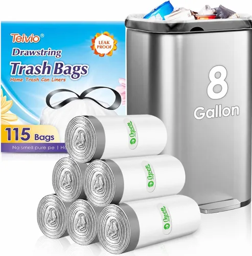 Vista 22 de Bolsas de basura de 7 galones, 100 unidades, bolsas de basura con cordón resistentes de Teivio, bolsas para papeleras de baño, bolsas de plástico