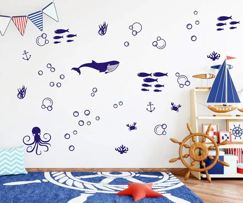 Vista 5 de Juego de calcomanías de pared submarinas, calcomanías de vinilo, calcomanías de burbujas, decoración moderna de habitación de niños, calcomanías