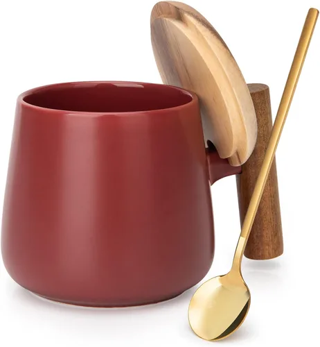 Vista 7 de Taza de café de cerámica, taza de té para la oficina y el hogar, taza de café de 14 onzas con tapa y cuchara, día del padre, regalos de cumpleaños