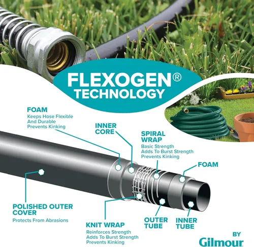Vista 2 de Gilmour Flexogen - Manguera de jardín de 34 pulgadas x 50 pies, manguera de agua resistente, flexible y resistente a las torceduras, color verde