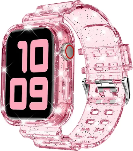Vista 25 de DABAOZA - Correa transparente compatible con Apple Watch de 1.772 in y 1.732 in, con purpurina transparente Women Men,Glitter Bling TPU