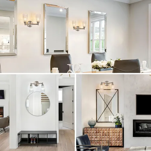 Vista 6 de HDDFL Lámpara de baño de níquel cepillado, iluminación de tocador de baño, 2 luces, moderno aplique de pared de vidrio para dormitorio, baño, sala