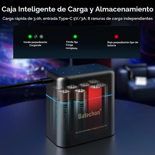 Vista 6 de Batería AA recargable de litio con cargador, paquete de 8 baterías de litio AA recargables, baja autodescarga y larga duración de hasta 2000 ciclos