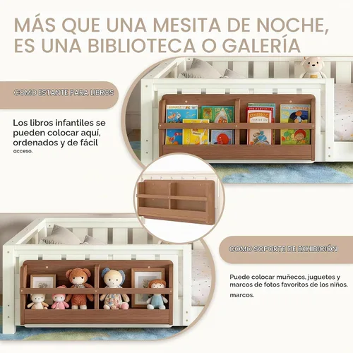 Vista 6 de Marco de cama Montessori Twin con estantería y barandillas, color beige