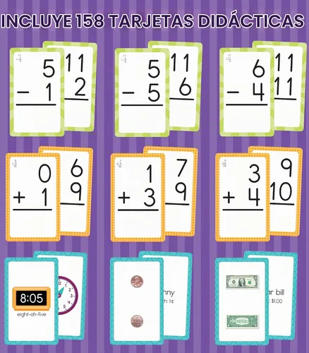 Vista 3 de Carson Dellosa - Tarjetas flash de tiempo y dinero, suma y resta, 3 juegos Matemáticas Grados 1-3