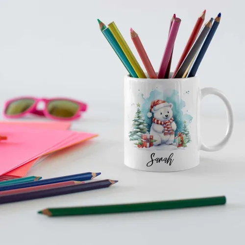 Vista 2 de Taza de regalo de invierno personalizada, taza de café con nombre personalizado con diseño de oso polar, taza de oso polar personalizada, regalo