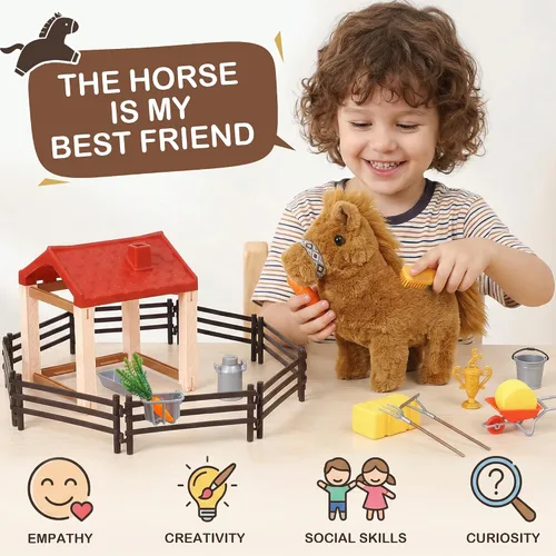 Vista 5 de Toylink Caballo de peluche para niños, juguete electrónico interactivo de peluche con hacer sonido/caminar/mover la cola, regalos de cumpleaños