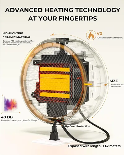 Vista 2 de Calentador de espacio para uso en interiores, calentador eléctrico portátil con calentamiento rápido 2S y cerámica PTC, protección contra
