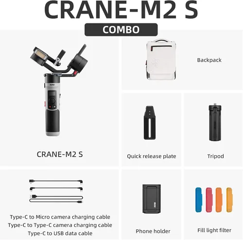 Vista 2 de Zhiyun Crane M2S Combo Gimbal Estabilizador para cámaras, luz de llenado integrada, control Bluetooth, disparo vertical, compatible con cámaras sin
