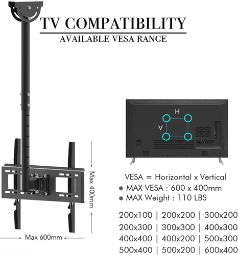 Vista 6 de Soporte de techo para TV que se adapta a la mayoría de televisores de pantalla plana LED, LCD OLED de 32 a 70 pulgadas, soporte de pared universal