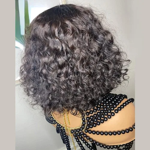 Vista 3 de Peluca sin pegamento con flequillo, peluca de cabello humano rizado profundo para mujeres, sin encaje frontal, peluca de cuero cabelludo completo