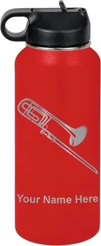 Vista 29 de LaserGram Botella de agua personalizada, trombón, acero inoxidable de doble pared aislada al vacío con popote superior, regalo grabado personalizado