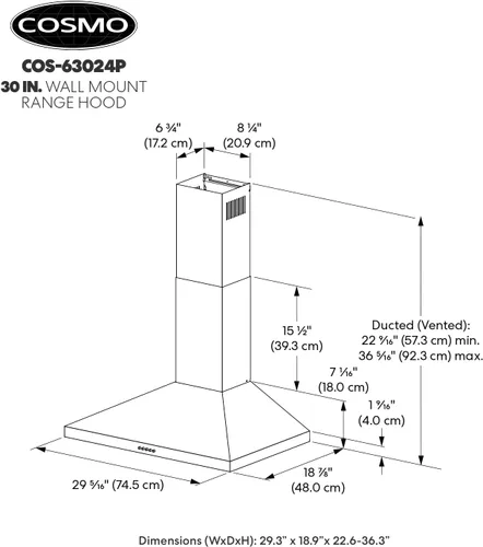 Vista 5 de COSMO COS-63024P - Campana extractora de montaje en pared con conductos de 250 CFM de 30 pulgadas, control de botón, luces LED, filtros de malla