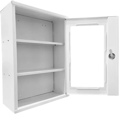 Vista 9 de JZD Gabinete de primeros auxilios de pared de metal con cerradura, caja de medicina con ventana acrílica bloqueable (no de vidrio), incluye 2
