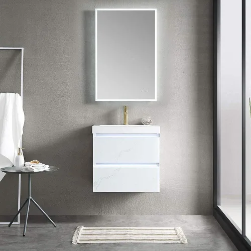 Vista 4 de Blossom Tocador de baño LED de 24 pulgadas – Tocador flotante montado en la pared con luces – 100% impermeable PVC de grado marino – Moderno