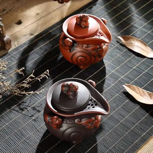 Vista 8 de Juego de tetera de cerámica hecha a mano, juego de tetera y taza de té chino Pi Xiu, tetera de porcelana Zisha Kung Fu, juegos de té de arcilla Negro