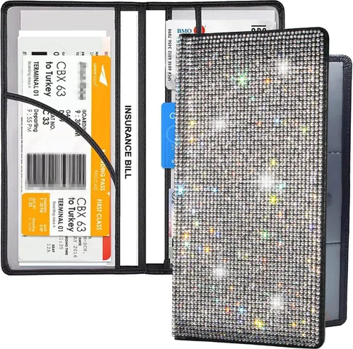 Vista 6 de Soporte para Documentos de Registro y Seguro de Coche con Diamantes Artificiales de Brillo, Organizador de Guantera para Accesorios de Coche Negro