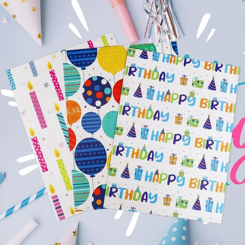 Vista 3 de BULKYTREE Papel de regalo de cumpleaños para niños, niñas, niños, hombres y mujeres, fiestas de vacaciones, 3 hojas grandes, globos