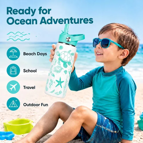Vista 4 de Botella de agua de tortuga marina de 16 onzas para niños, botella aislada
