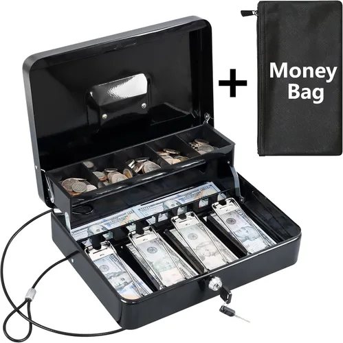 Vista 2 de KYODOLED Caja de efectivo con bandeja de dinero, cerradura de llave con cable de seguridad y bolsa impermeable, 11.81 pulgadas de largo 9.45
