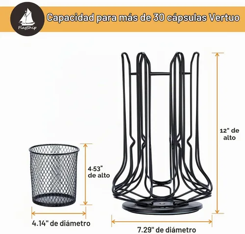 Vista 2 de FlagShip Soporte para cápsulas Nespresso, carrusel de cápsulas de café para almacenamiento de cápsulas Vertuo con cesta adicional de rodamiento