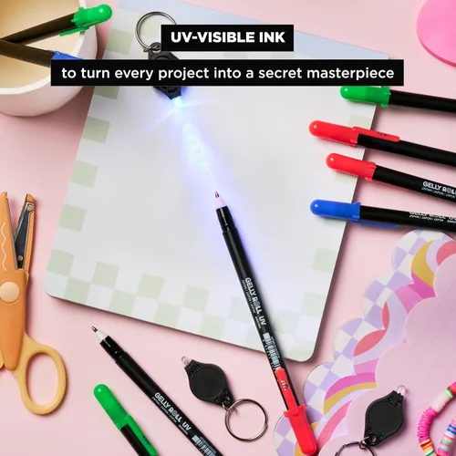 Vista 4 de SAKURA Gelly Roll - Bolígrafo UV con tinta invisible de gel UV, con linterna de llavero, para arte o dibujo, rojo, verde y azul, 9 bolígrafos, 3