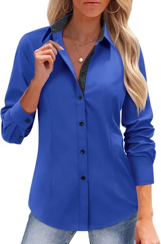 Vista 14 de siliteelon Camisas con botones para mujer, camisas de vestir de algodón de manga larga para mujer, sin arrugas, blusa de trabajo elástica