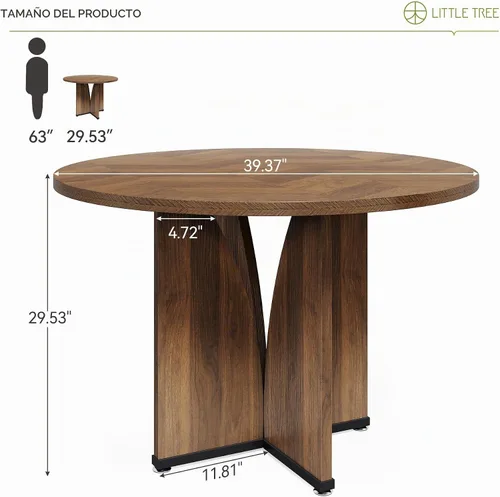 Vista 2 de LITTLE TREE Mesa de comedor redonda de 39 pulgadas para 4, mesa de cocina rústica con pedestal estable en forma de X, mesa de comedor