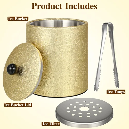 Vista 4 de Cubo de hielo con tapa, 2.8 L, doble pared de acero inoxidable que mantiene el frío durante más tiempo, cubo de hielo dorado aislado con pinza