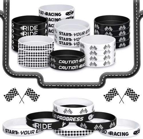 Vista 3 de Zhanmai 50 pulseras de goma con bandera de carreras para autos de carreras de 2.56 pulgadas, pulseras de bandera a cuadros de carreras para adultos