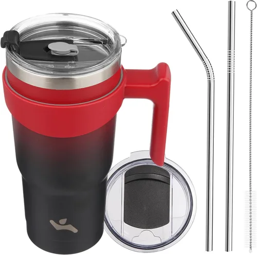 Vista 31 de Konokyo - Vaso de 10 onzas con asa y 2 popotes, 2 tapas, botella de agua aislada de acero inoxidable, taza de viaje reutilizable, color verde militar